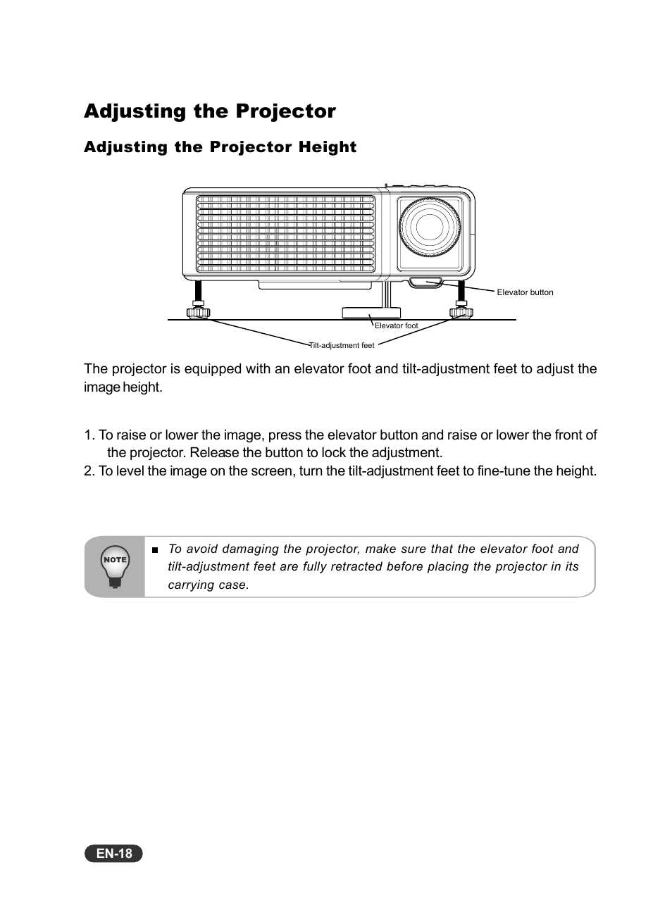 Adjusting the projector, Adjusting the projector height | Eiki EIP-X350 User Manual | Page 19 / 35