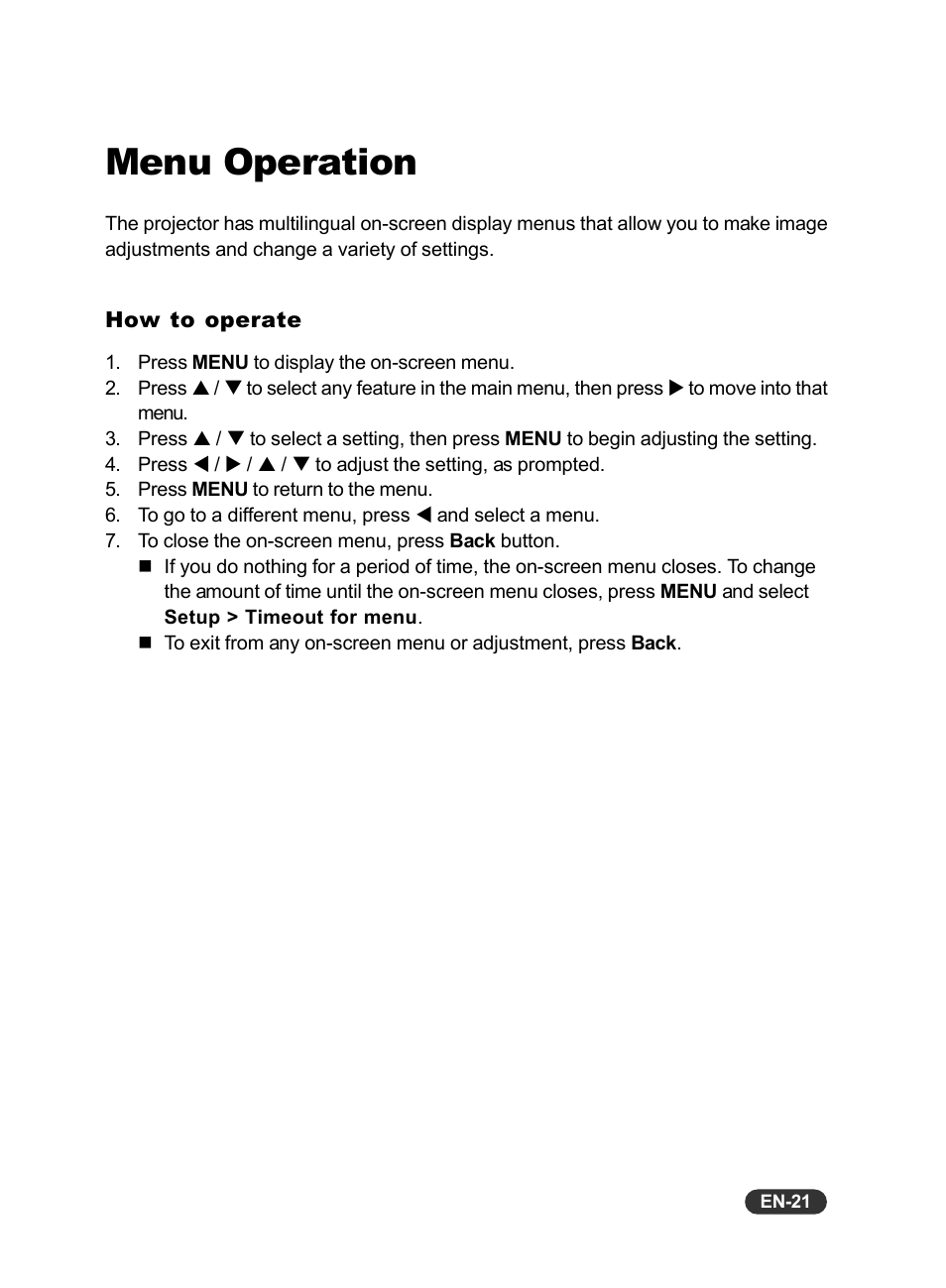Menu operation | Eiki EIP-X350 User Manual | Page 22 / 35