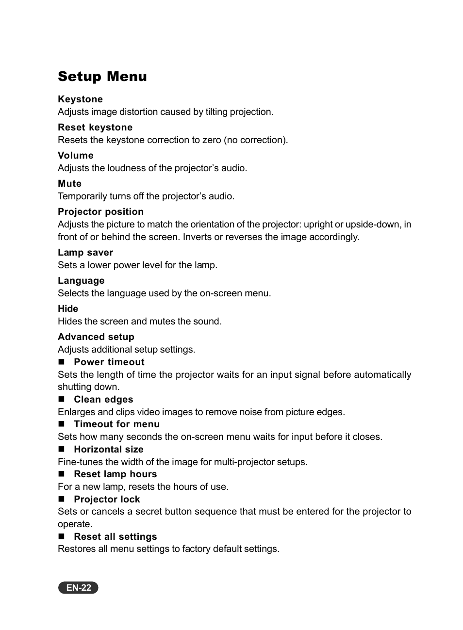 Setup menu | Eiki EIP-X350 User Manual | Page 23 / 35