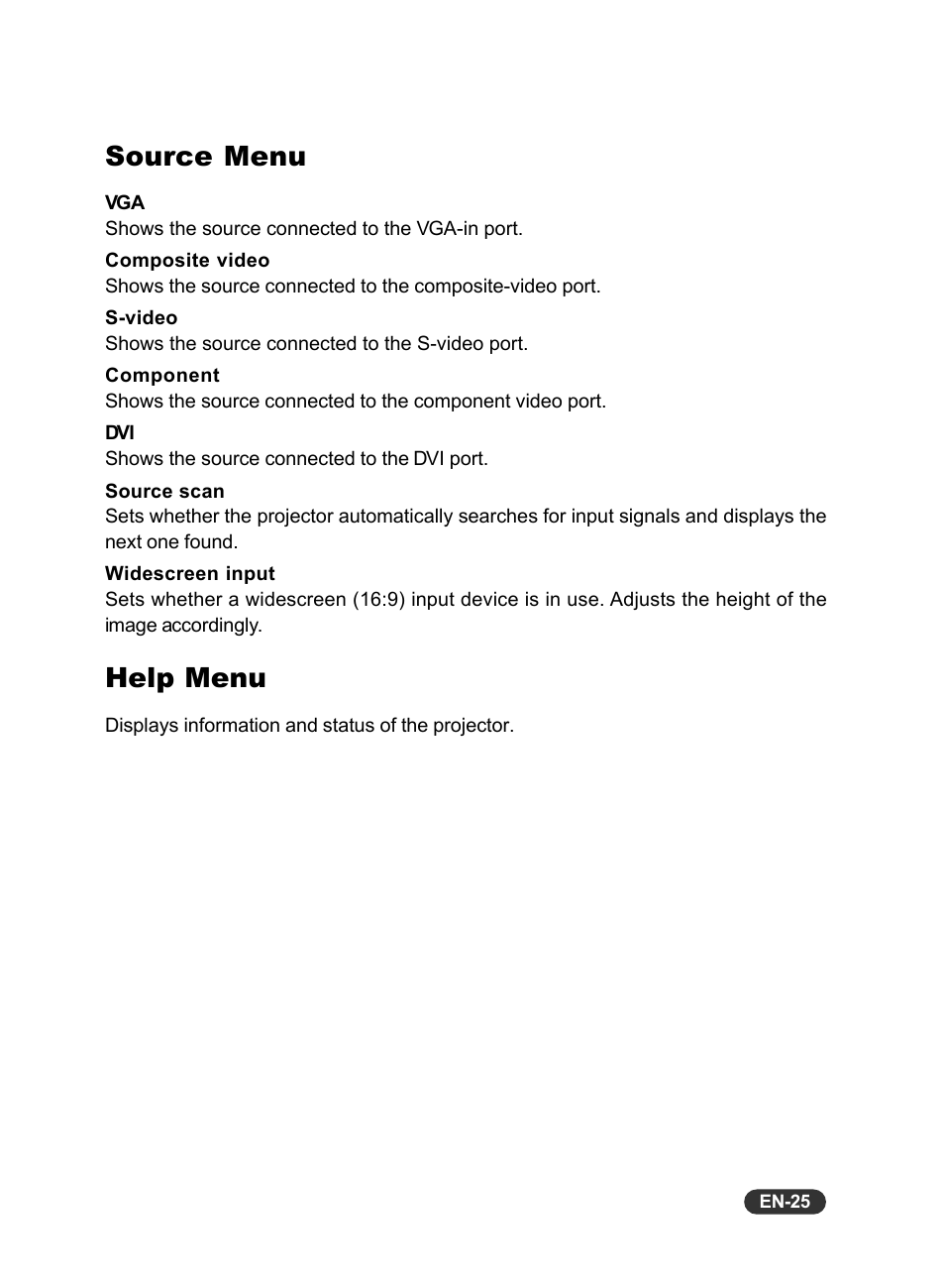 Source menu, Help menu | Eiki EIP-X350 User Manual | Page 26 / 35