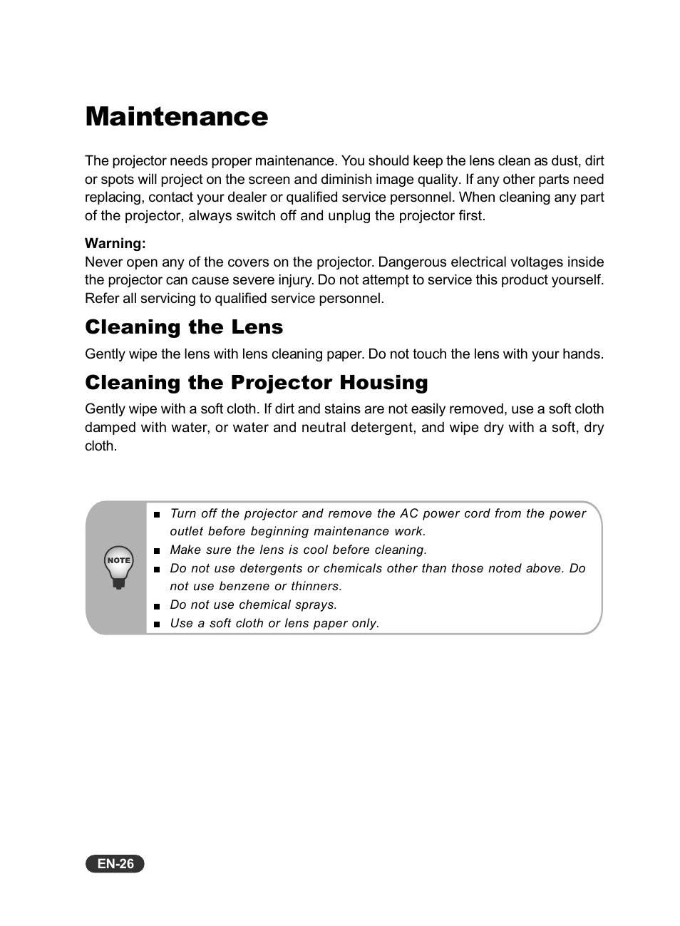 Maintenance, Cleaning the lens, Cleaning the projector housing | Eiki EIP-X350 User Manual | Page 27 / 35