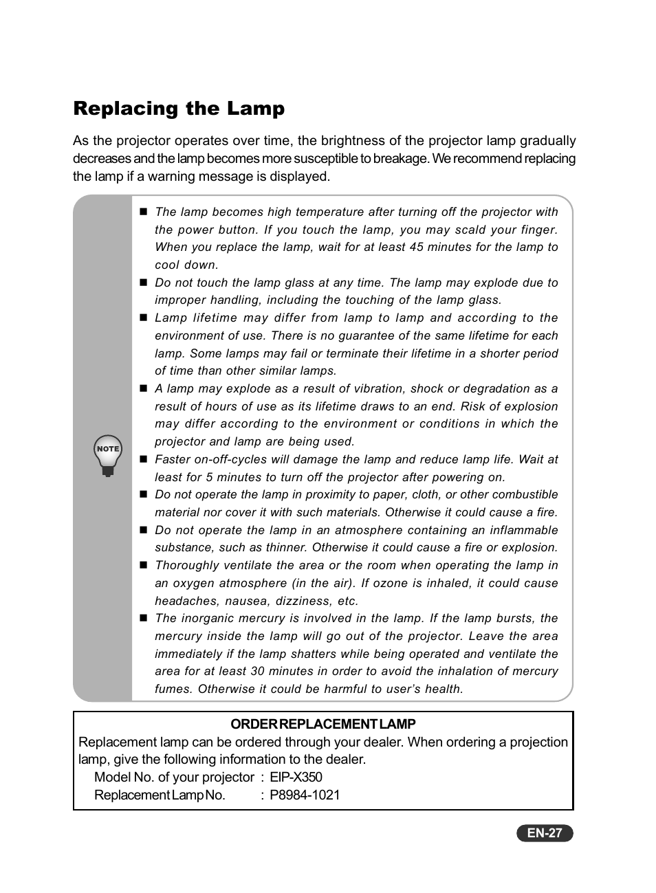 Replacing the lamp | Eiki EIP-X350 User Manual | Page 28 / 35