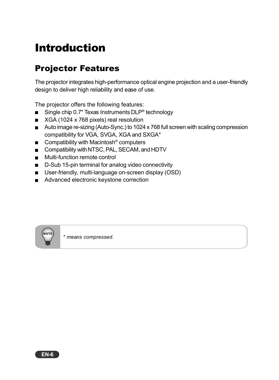 Introduction, Projector features | Eiki EIP-X350 User Manual | Page 7 / 35