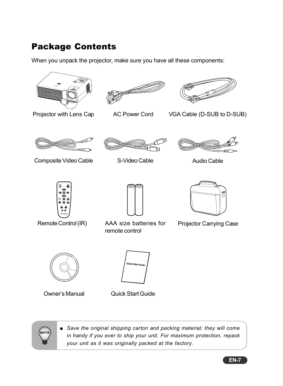 Package contents, Audio cable projector carrying case s-video cable | Eiki EIP-X350 User Manual | Page 8 / 35