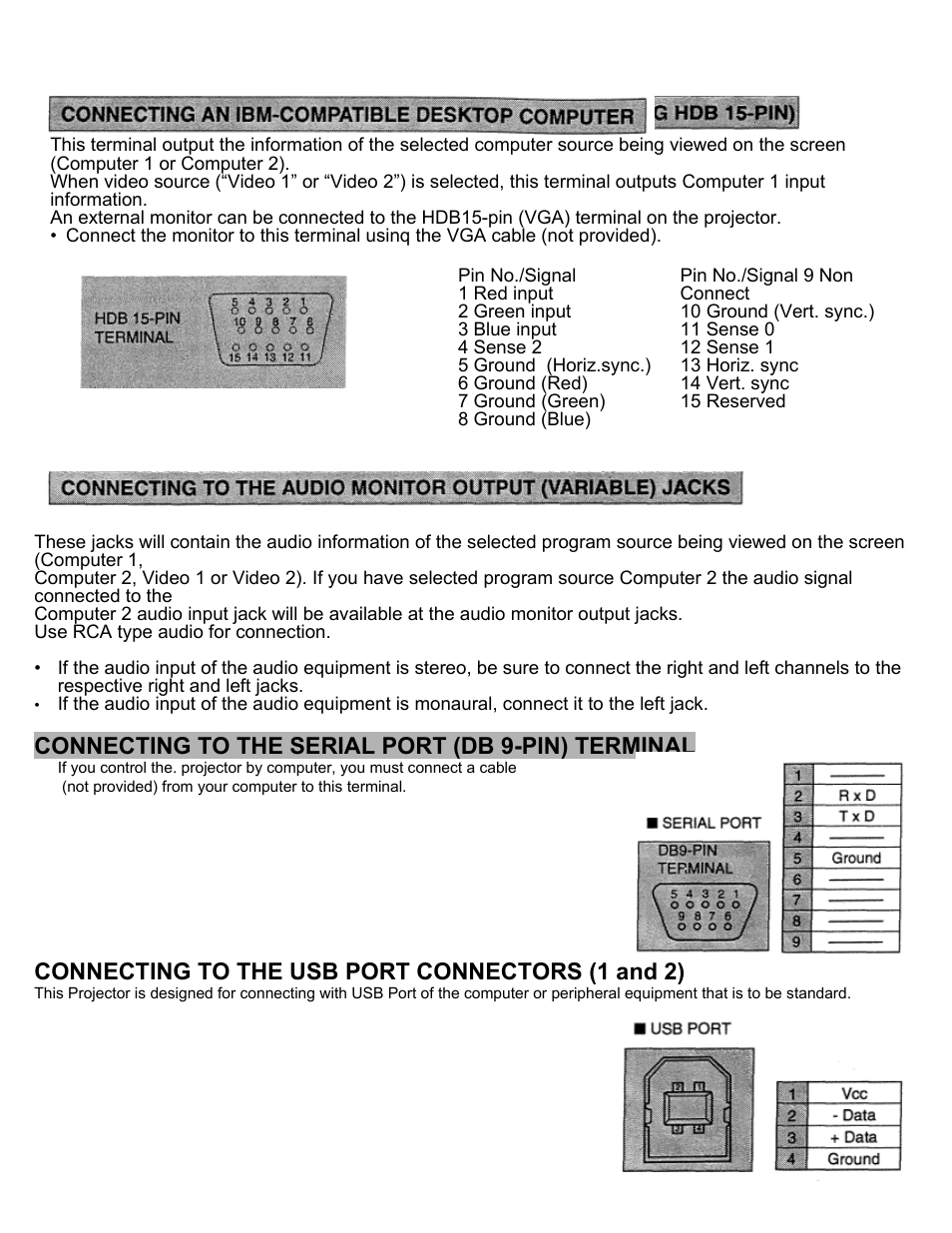 Connecting to the serial port (db 9-pin) terminal, Connecting to the usb port connectors (1 and 2) | Eiki LC-X2U User Manual | Page 13 / 58