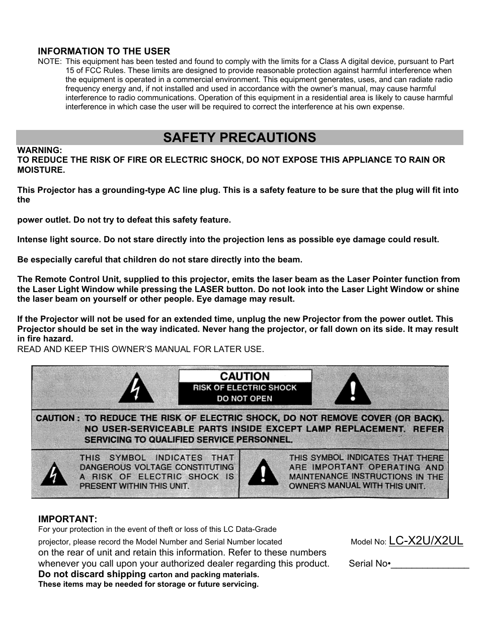Safety precautions, Lc-x2u/x2ul | Eiki LC-X2U User Manual | Page 2 / 58
