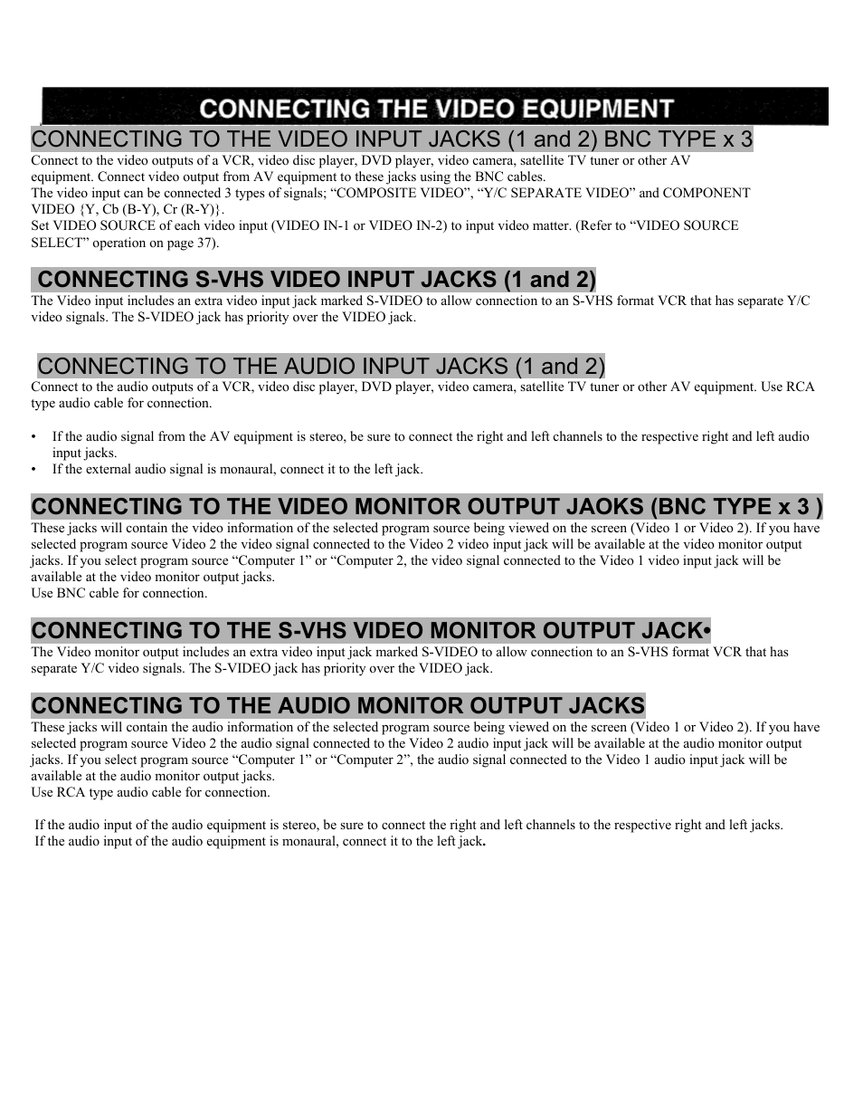 Connecting the video equipment, Connecting s-vhs video input jacks (1 and 2), Connecting to the audio input jacks (1 and 2) | Connecting to the s-vhs video monitor output jack, Connecting to the audio monitor output jacks | Eiki LC-X2U User Manual | Page 20 / 58