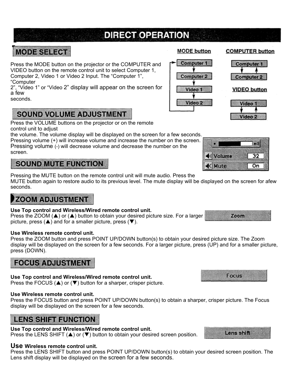 Direct operation, Mode select, Sound volume adjustment | Sound mute function, Zoom adjustment, Focus adjustment, Lens shift adjustment | Eiki LC-X2U User Manual | Page 33 / 58