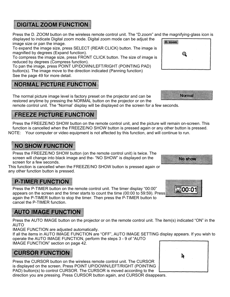 Digital zoom function, Normal picture function, Freeze picture function | No show function, P-timer function, Auto image function, Cursor function | Eiki LC-X2U User Manual | Page 34 / 58