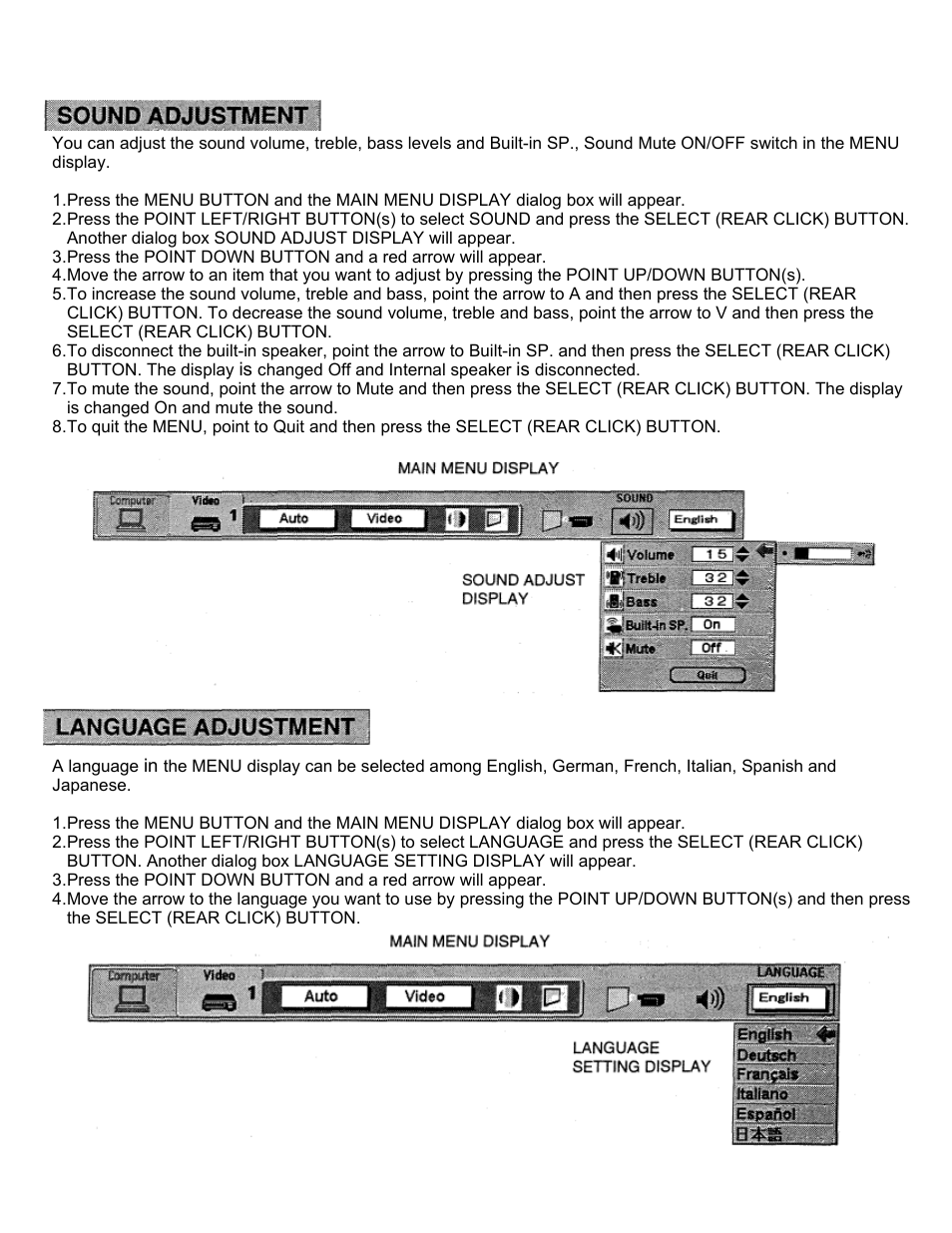 Sound adjustment, Language adjustment | Eiki LC-X2U User Manual | Page 36 / 58