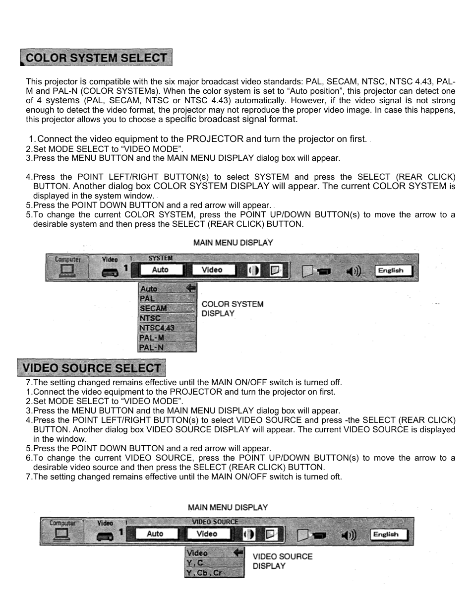 Video mode, Color system select, Video source select | Eiki LC-X2U User Manual | Page 37 / 58