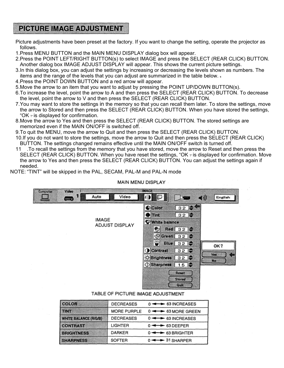 Picture image adjustment | Eiki LC-X2U User Manual | Page 38 / 58