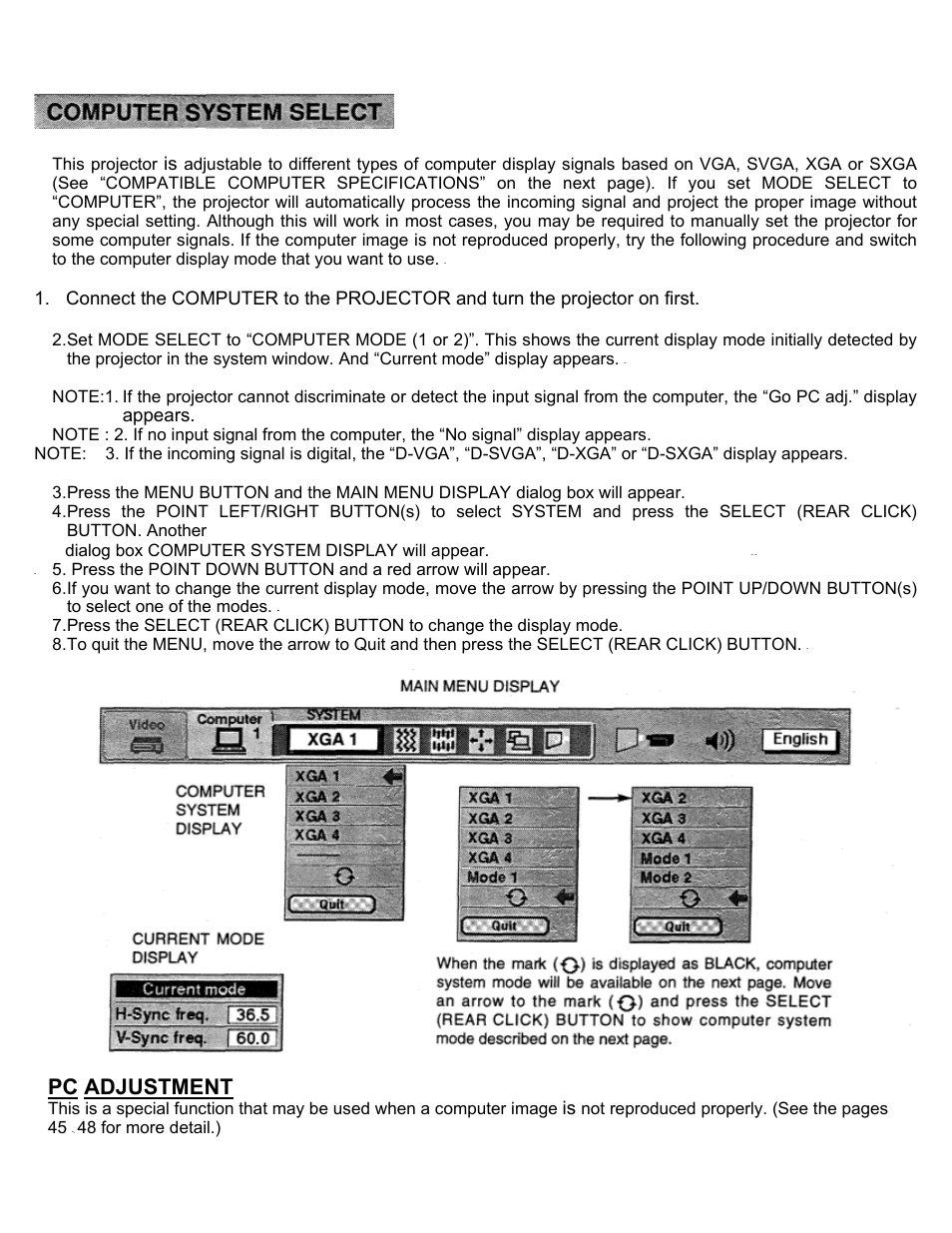 Computer mode, Computer system select, Pc adjustment | Eiki LC-X2U User Manual | Page 40 / 58