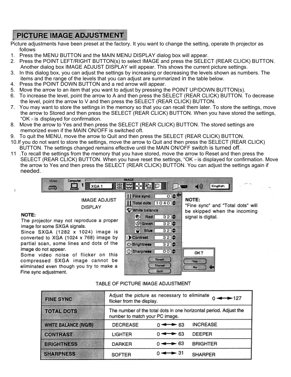 Picture image adjustment | Eiki LC-X2U User Manual | Page 43 / 58