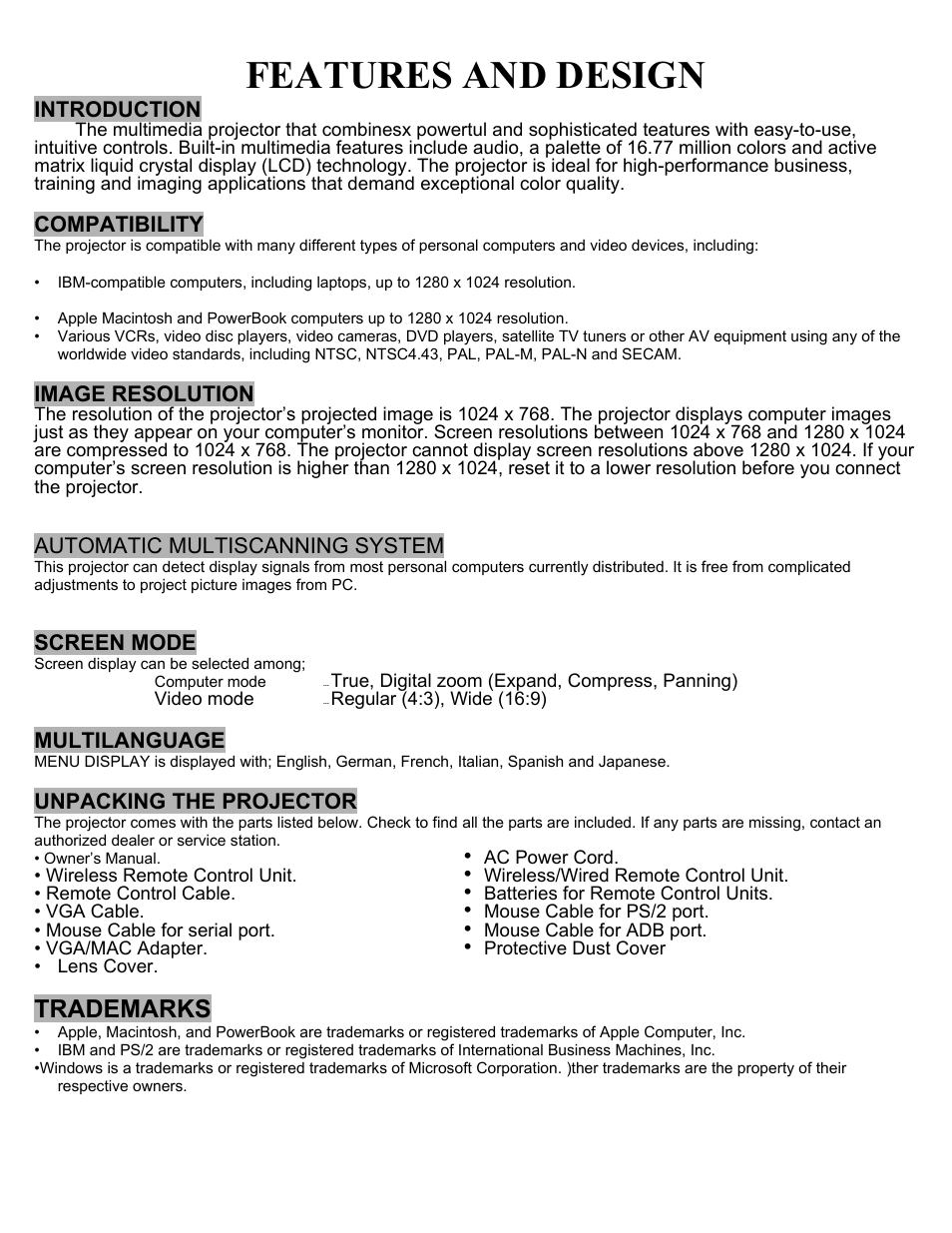 Features and design, Introduction, Compatibility | Image resolution, Automatic multiscanning system, Screen mode, Multilanguage, Unpacking the projector, Trademarks | Eiki LC-X2U User Manual | Page 5 / 58