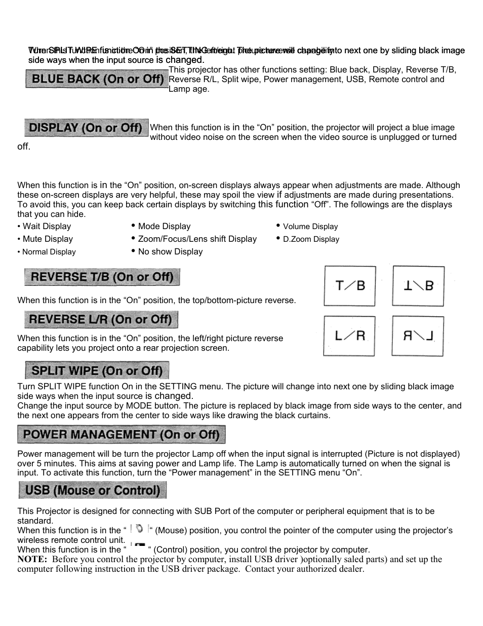 Other function setting, Blue back, Display | Reverse t/b, Reverse l/r, Split wipe, Power management, Usb (mouse or control), Remote control (mode 1 or mode 2) | Eiki LC-X2U User Manual | Page 50 / 58