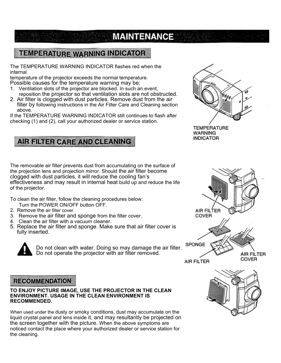 Appendix, Maintenance, Temperature warning indicator | Air filter care and cleaning | Eiki LC-X2U User Manual | Page 53 / 58