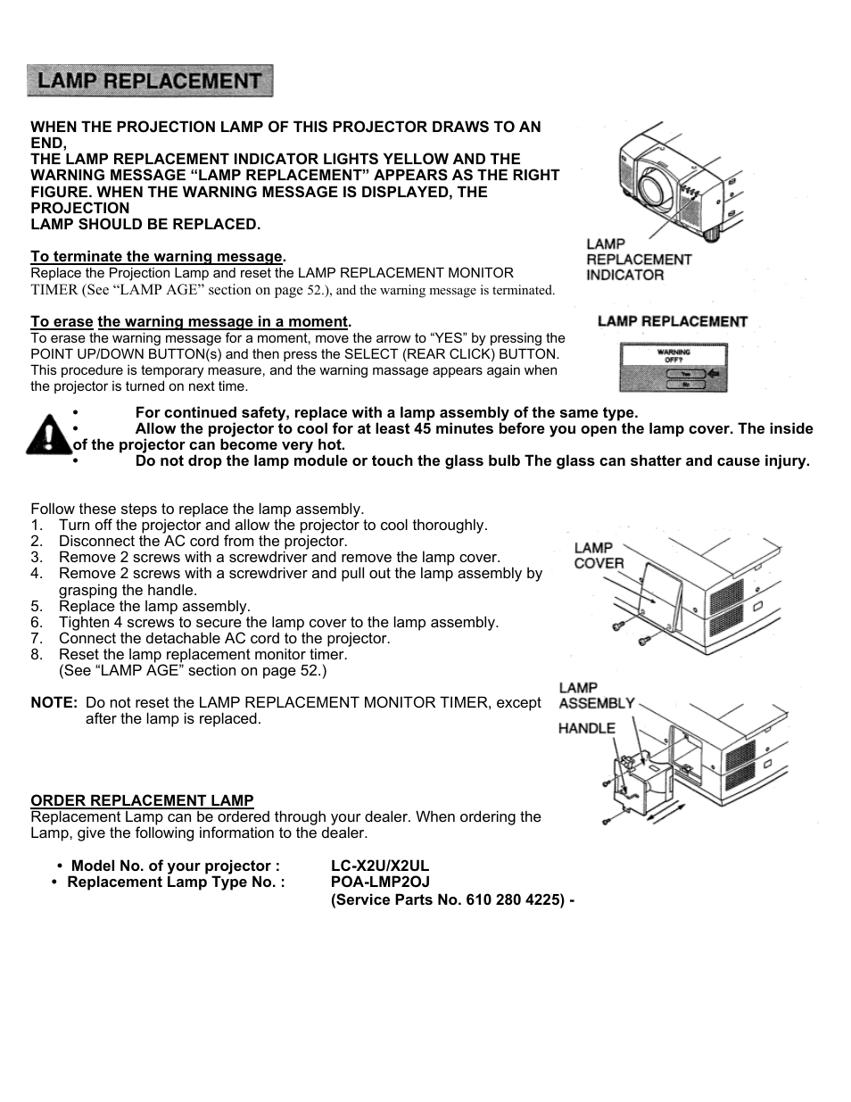 Lamp replacement | Eiki LC-X2U User Manual | Page 54 / 58