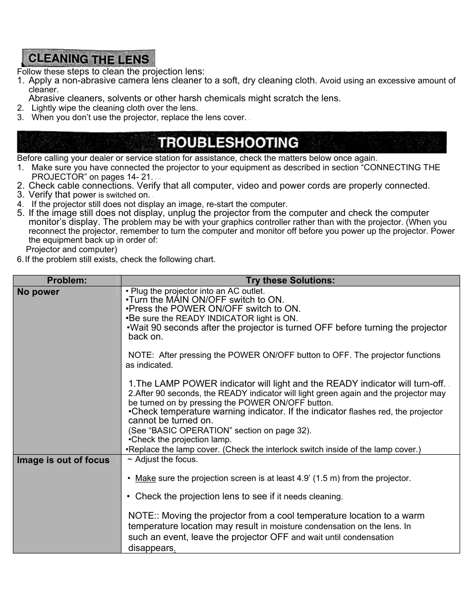 Cleaning the lens, Troubleshooting | Eiki LC-X2U User Manual | Page 55 / 58