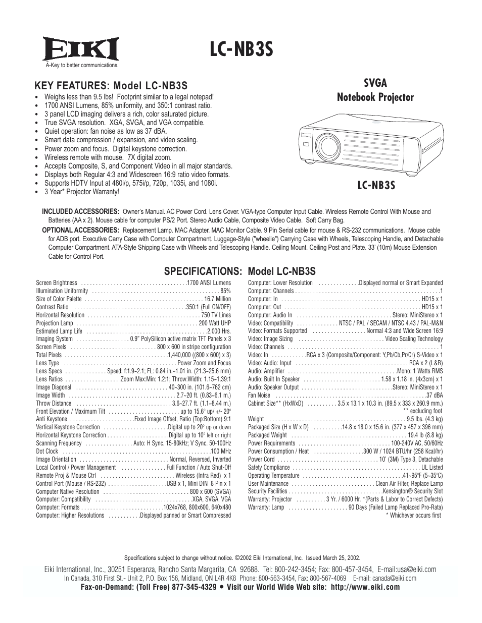 Eiki LC-NB3S User Manual | 1 page