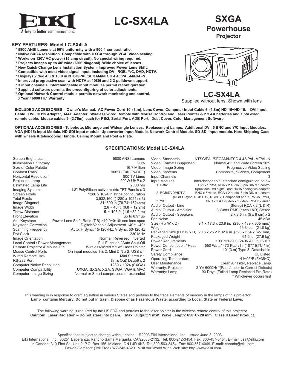 Eiki LC-SX4LA User Manual | 1 page