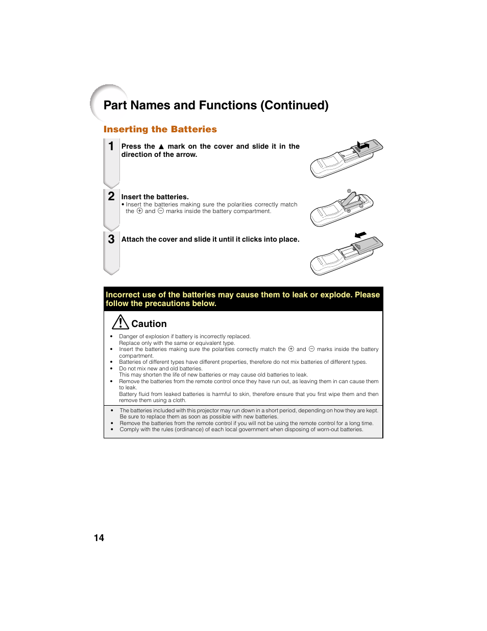 Part names and functions (continued), Caution, Inserting the batteries | Eiki EIP-2500 User Manual | Page 18 / 68