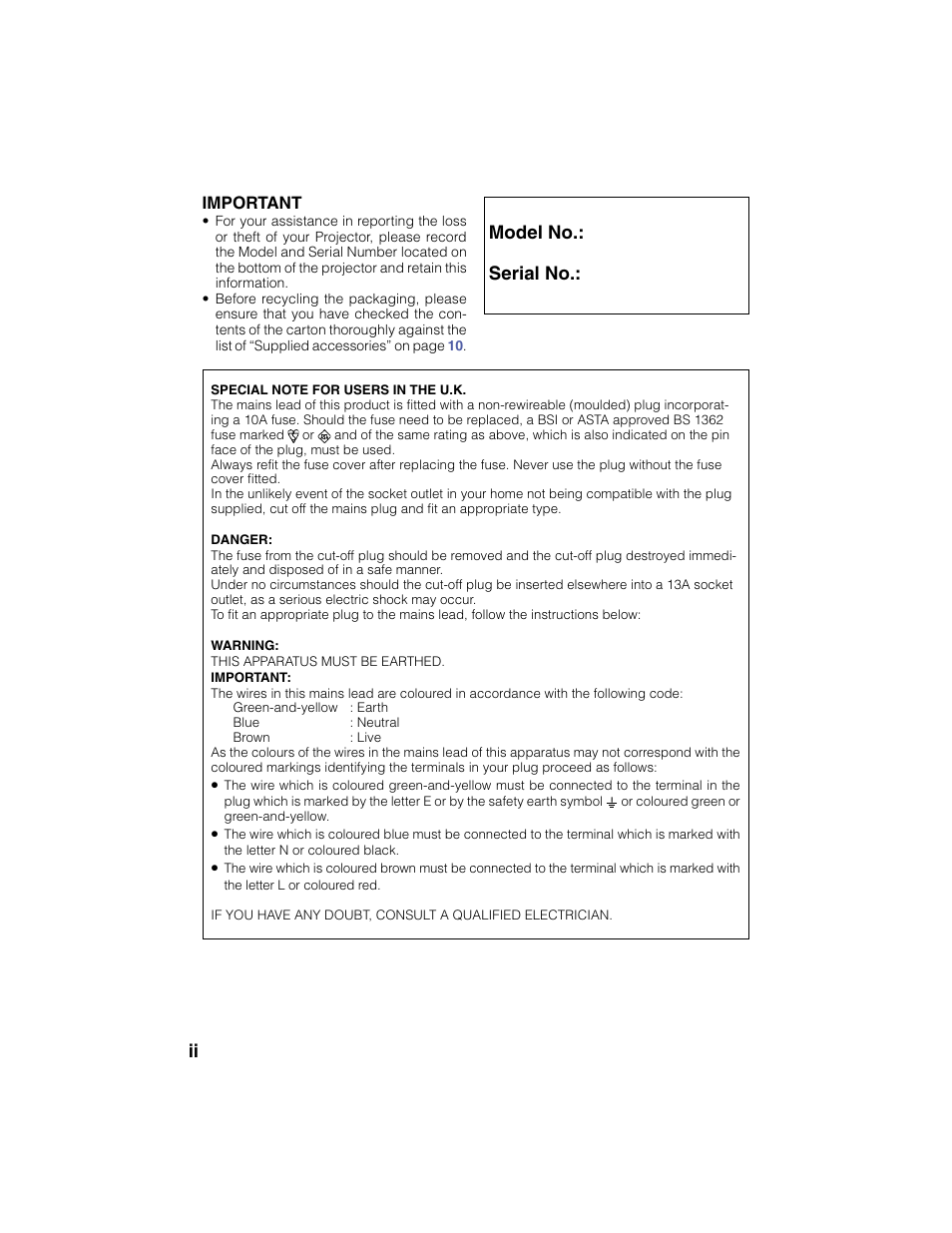 Model no.: serial no | Eiki EIP-2500 User Manual | Page 2 / 68