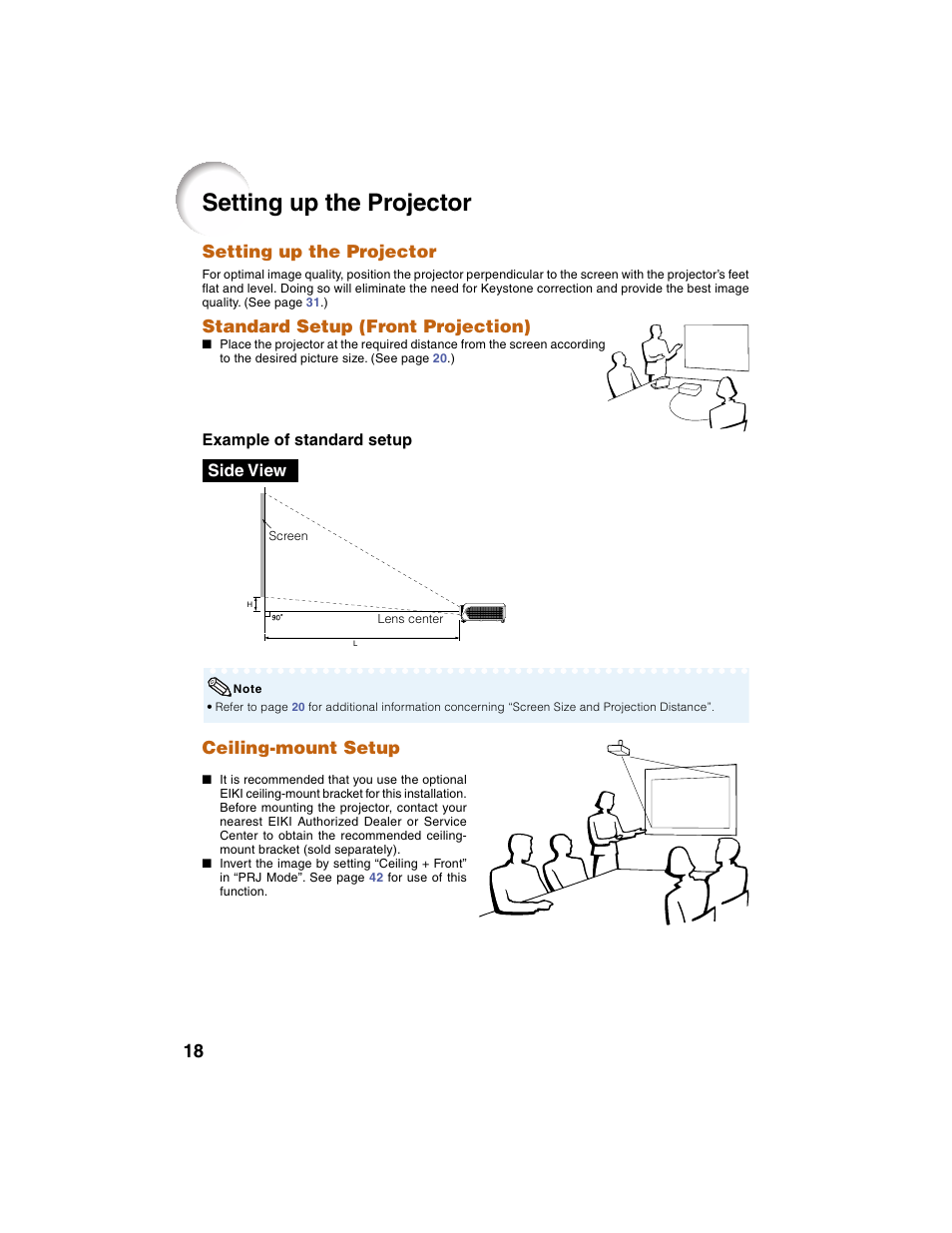 Setting up the projector, Ceiling-mount setup, Side view standard setup (front projection) | Eiki EIP-2500 User Manual | Page 22 / 68