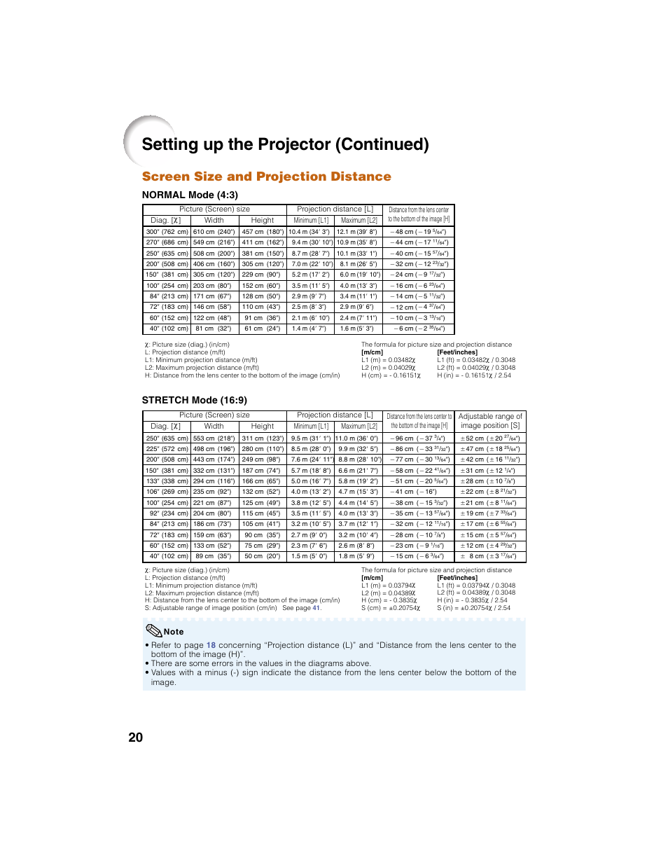 Setting up the projector (continued), Screen size and projection distance, Normal mode (4:3) | Stretch mode (16:9) | Eiki EIP-2500 User Manual | Page 24 / 68