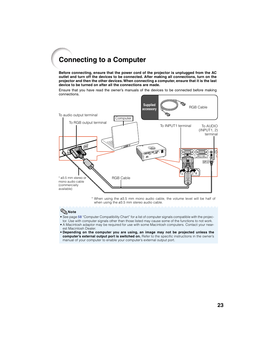 Connecting to a computer | Eiki EIP-2500 User Manual | Page 27 / 68