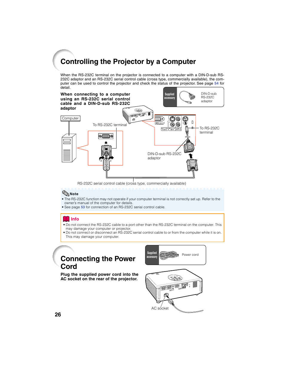 Controlling the projector by a computer, Connecting the power cord | Eiki EIP-2500 User Manual | Page 30 / 68