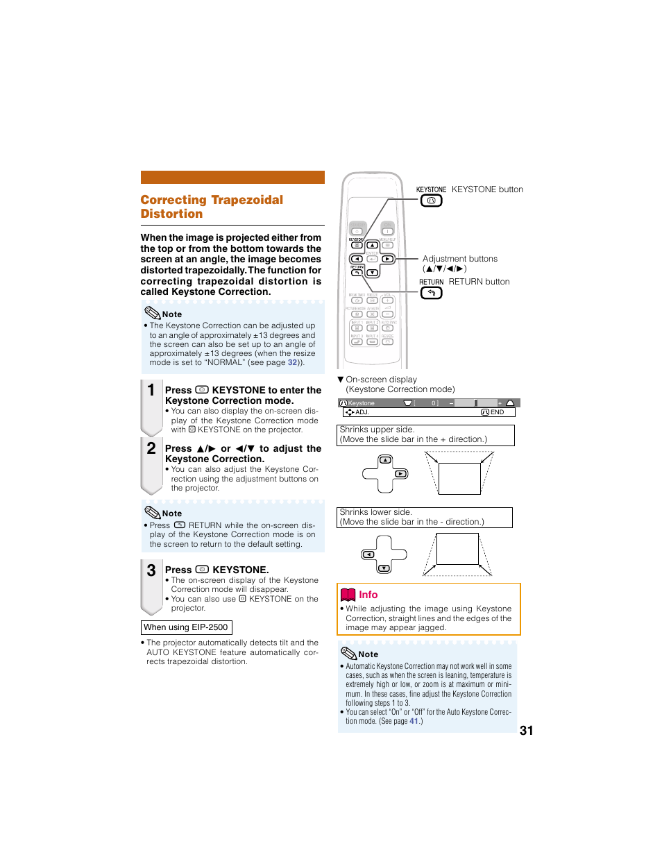 Correcting trapezoidal distortion | Eiki EIP-2500 User Manual | Page 35 / 68