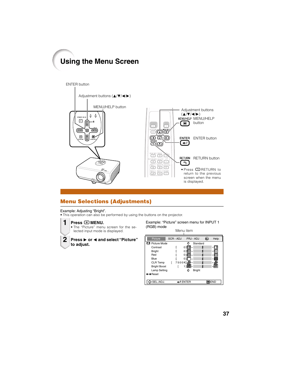 Using the menu screen, Menu selections (adjustments) | Eiki EIP-2500 User Manual | Page 41 / 68