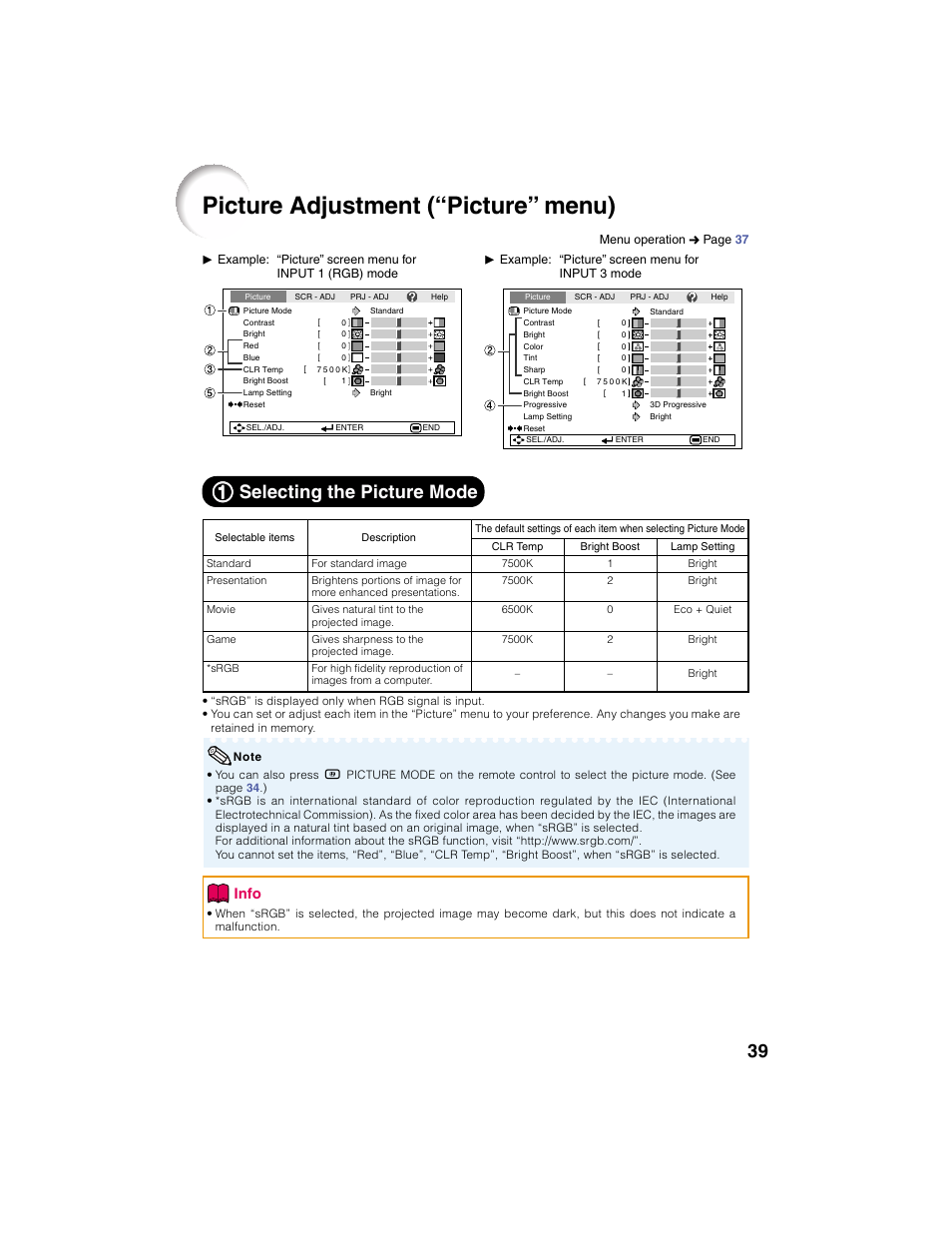 Picture adjustment (“picture” menu), 11 selecting the picture mode, Info | Eiki EIP-2500 User Manual | Page 43 / 68