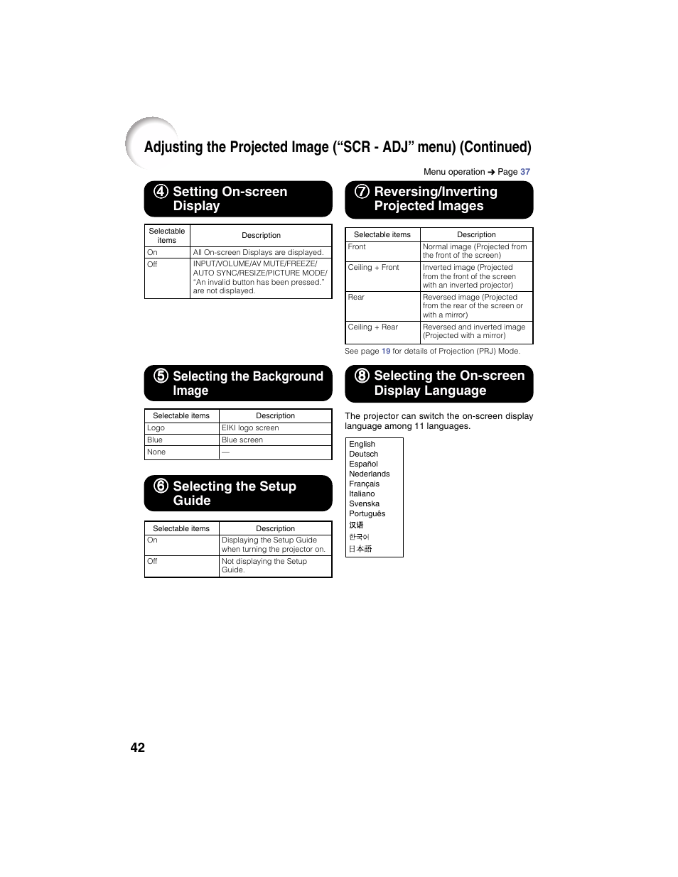 77 reversing/inverting projected images, 44 setting on-screen display, 55 selecting the background image | Eiki EIP-2500 User Manual | Page 46 / 68