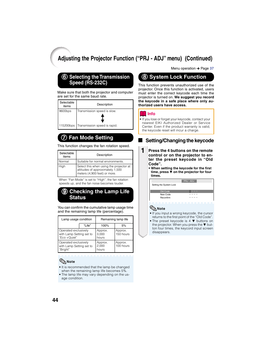 88 system lock function, 77 fan mode setting, 99 checking the lamp life status | A setting/changing the keycode | Eiki EIP-2500 User Manual | Page 48 / 68