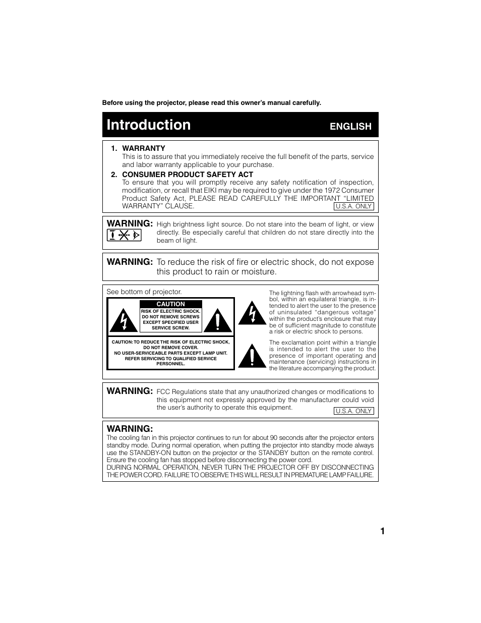 Introduction, English, Warning | Eiki EIP-2500 User Manual | Page 5 / 68
