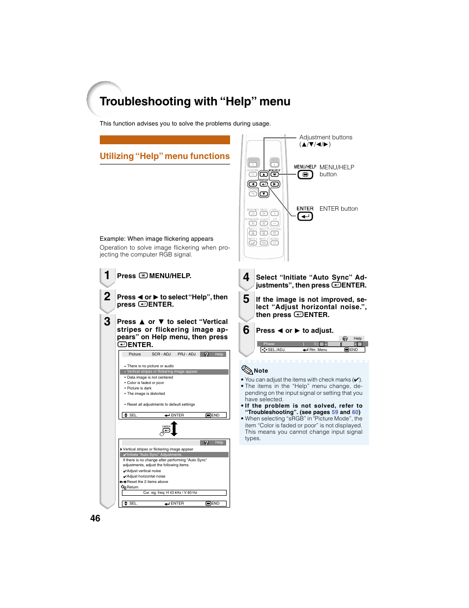 Troubleshooting with “help” menu, Utilizing “help” menu functions | Eiki EIP-2500 User Manual | Page 50 / 68