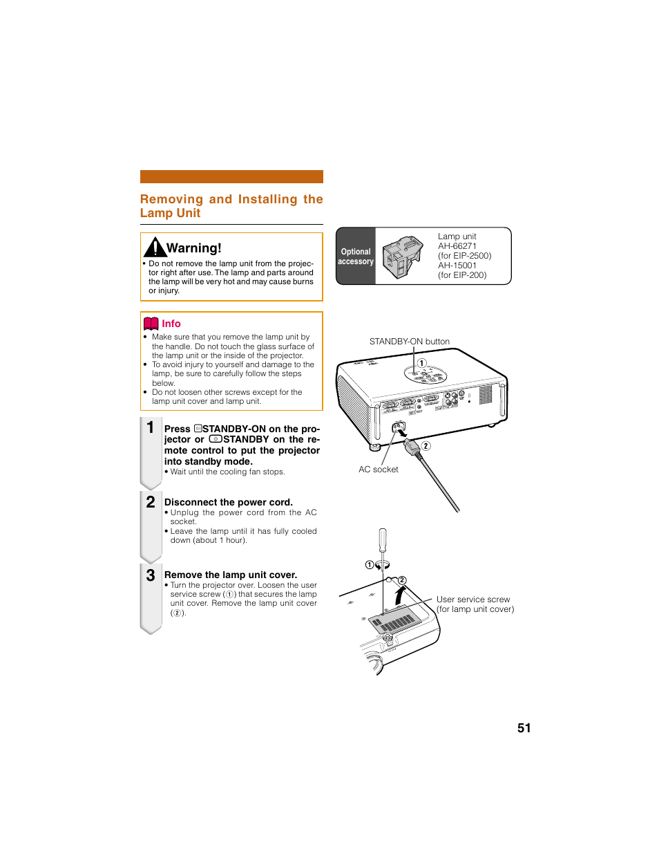 Warning, Removing and installing the lamp unit | Eiki EIP-2500 User Manual | Page 55 / 68