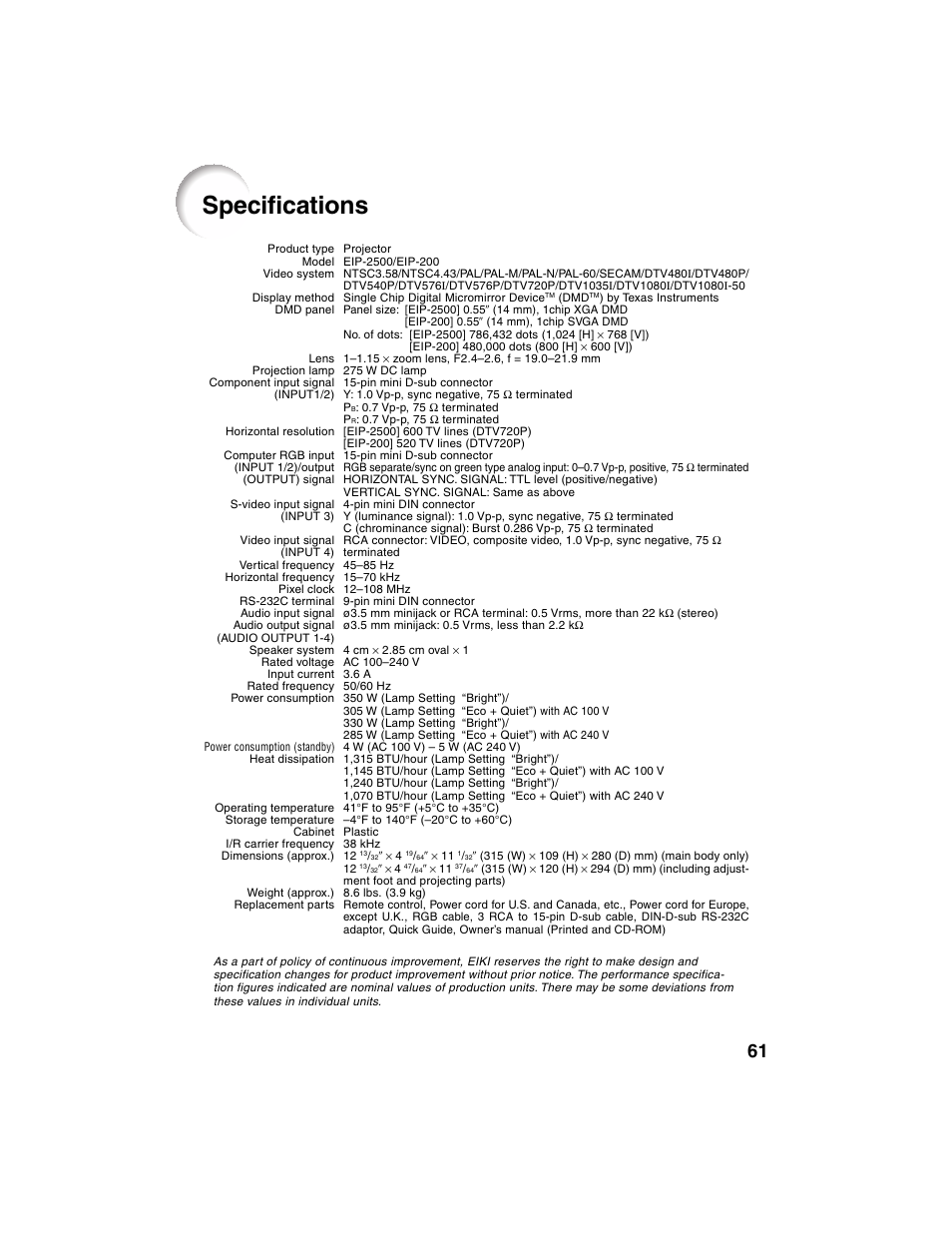 Specifications | Eiki EIP-2500 User Manual | Page 65 / 68