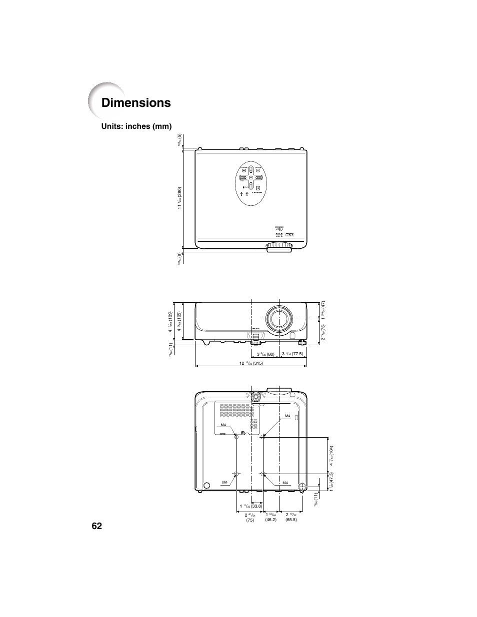 Dimensions, Units: inches (mm) | Eiki EIP-2500 User Manual | Page 66 / 68