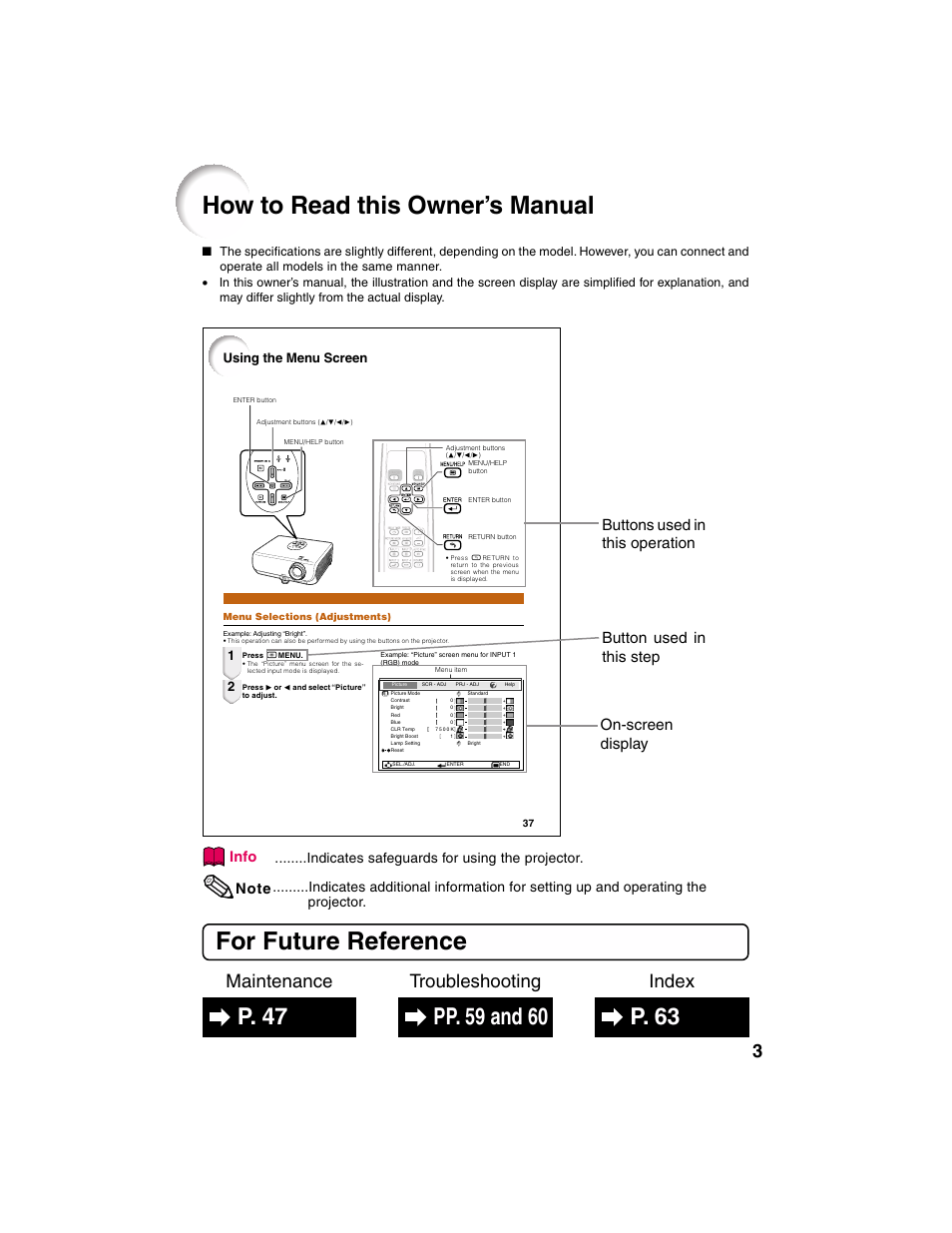 How to read this owner’s manual, For future reference, Index maintenance troubleshooting | Using the menu screen | Eiki EIP-2500 User Manual | Page 7 / 68