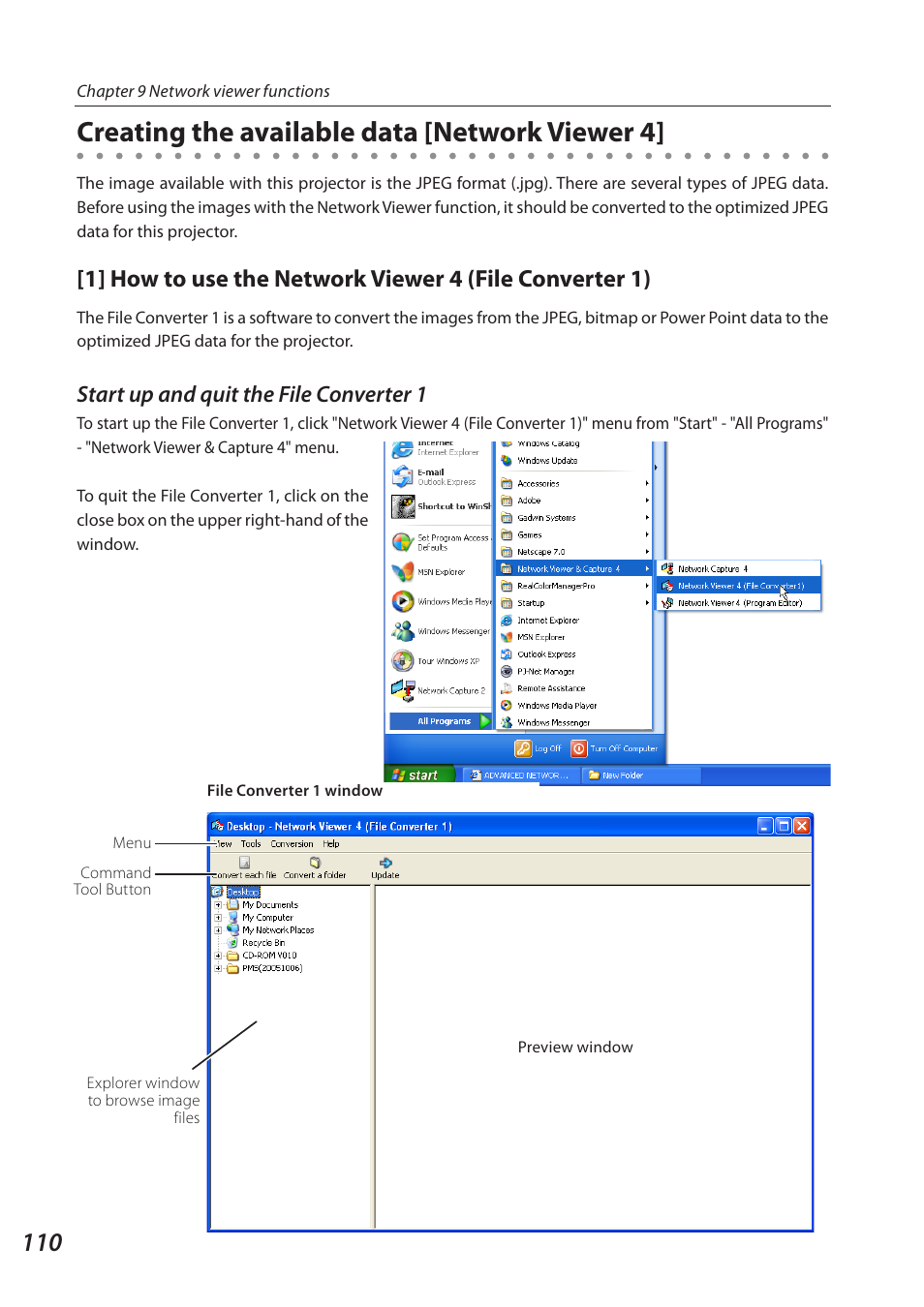 Creating the available data [network viewer 4, Start up and quit the file converter 1 | Eiki QXXAVC922---P User Manual | Page 110 / 144