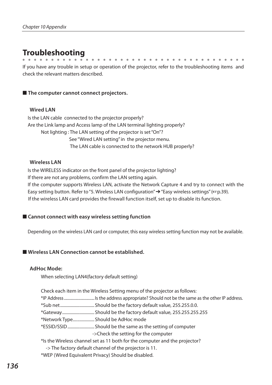 Troubleshooting | Eiki QXXAVC922---P User Manual | Page 136 / 144