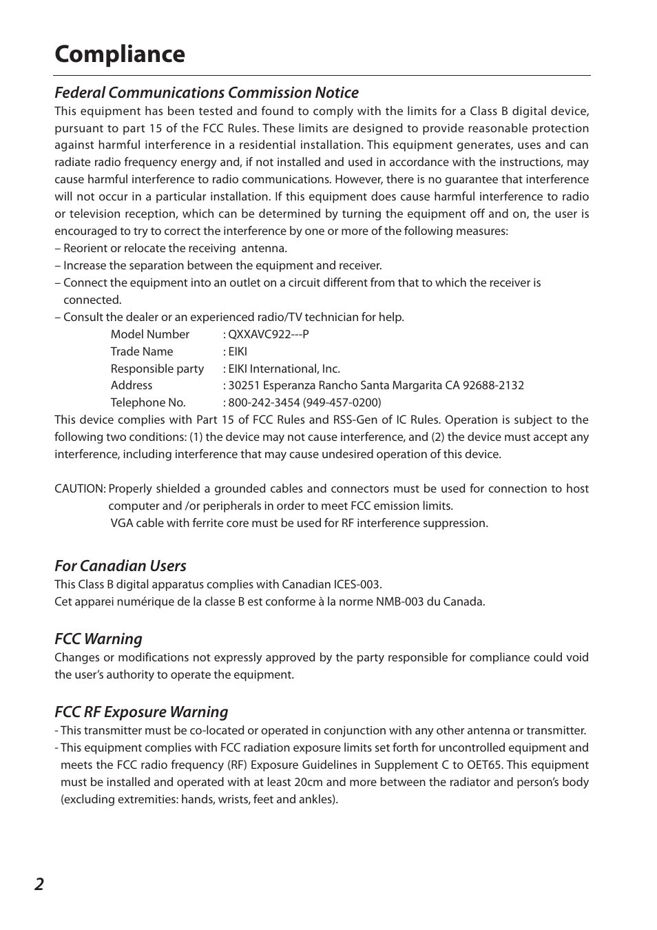 Compliance, For canadian users, Fcc warning | Fcc rf exposure warning, Federal communications commission notice | Eiki QXXAVC922---P User Manual | Page 2 / 144