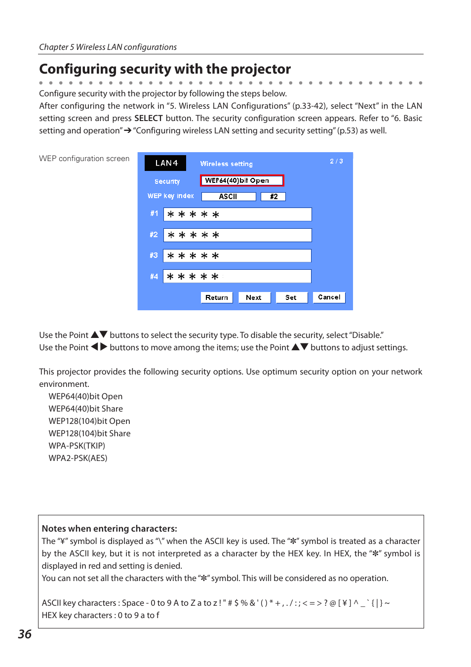 Configuring security with the projector | Eiki QXXAVC922---P User Manual | Page 36 / 144