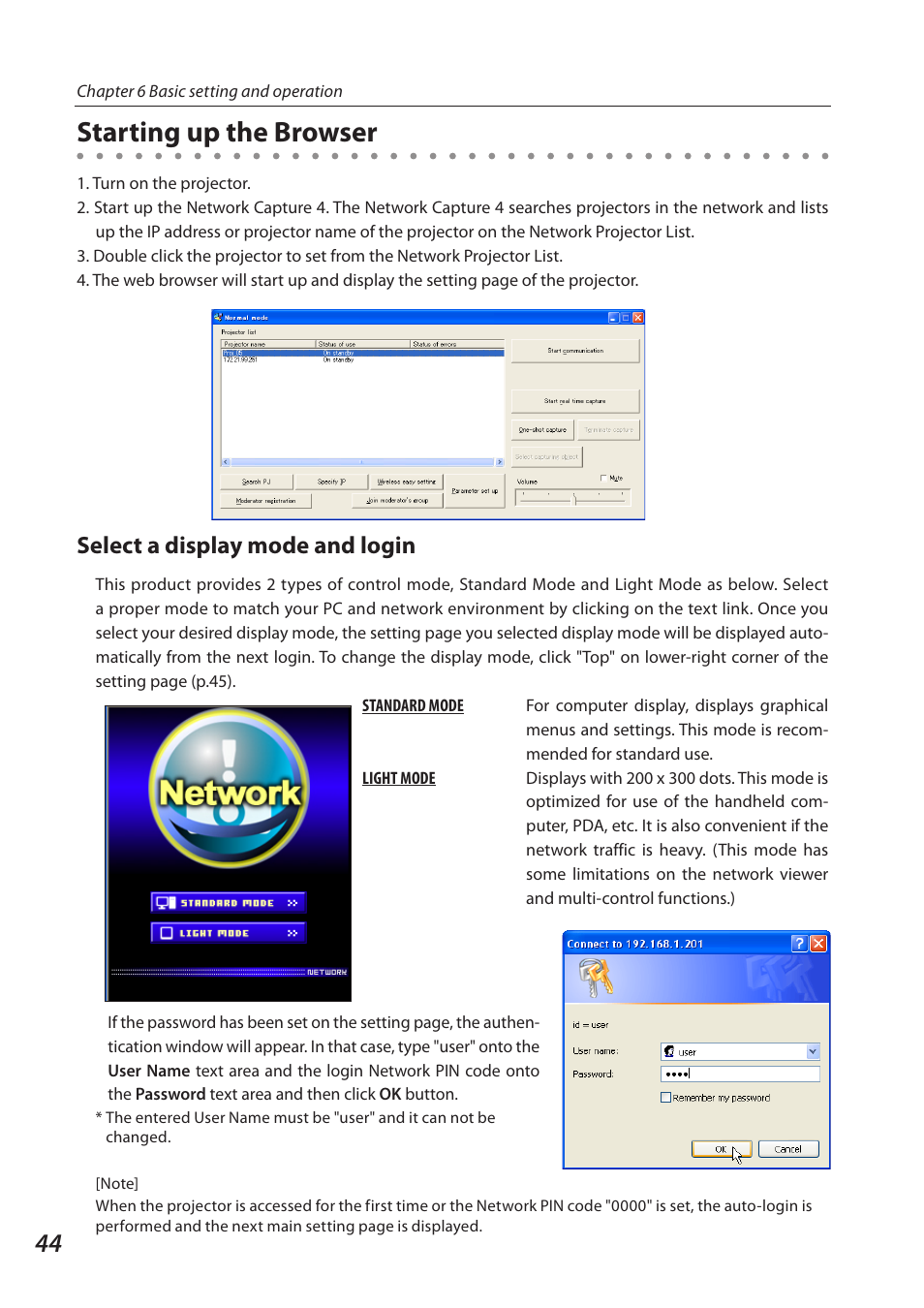 Starting up the browser, Select a display mode and login | Eiki QXXAVC922---P User Manual | Page 44 / 144