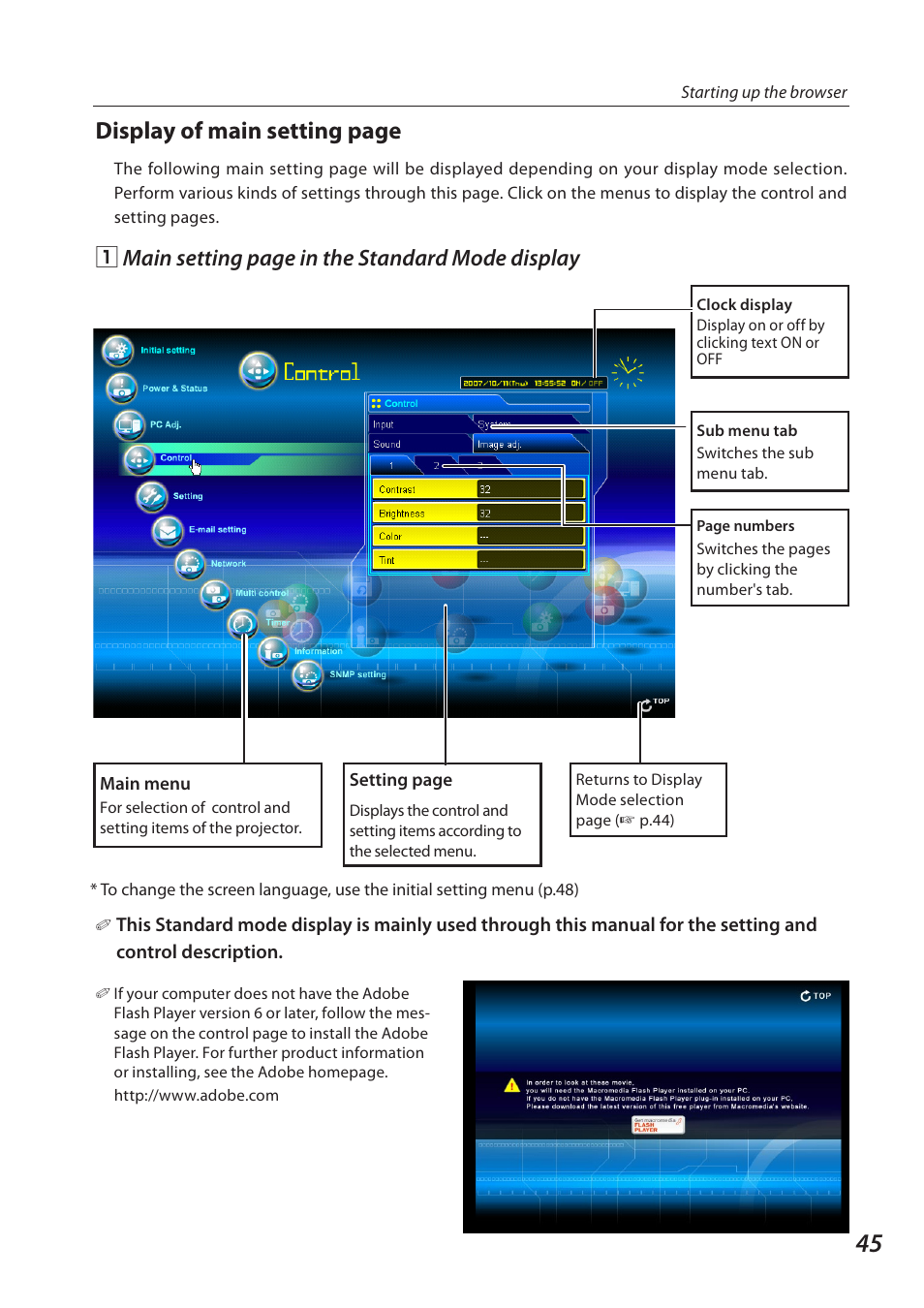 Display of main setting page, Zmain setting page in the standard mode display | Eiki QXXAVC922---P User Manual | Page 45 / 144