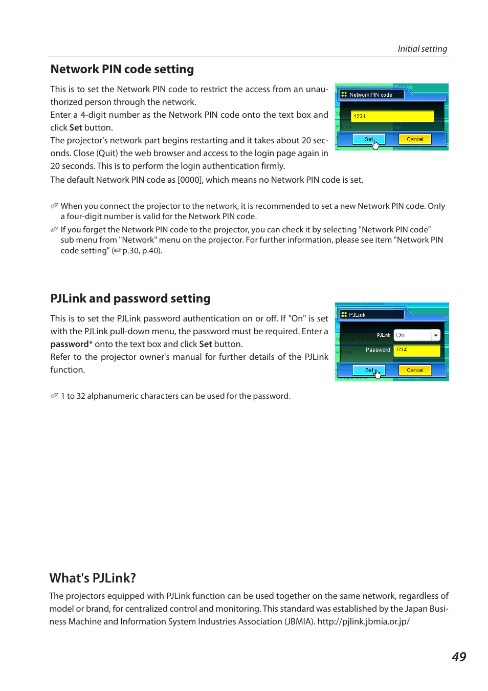 What's pjlink, Network pin code setting, Pjlink and password setting | Eiki QXXAVC922---P User Manual | Page 49 / 144