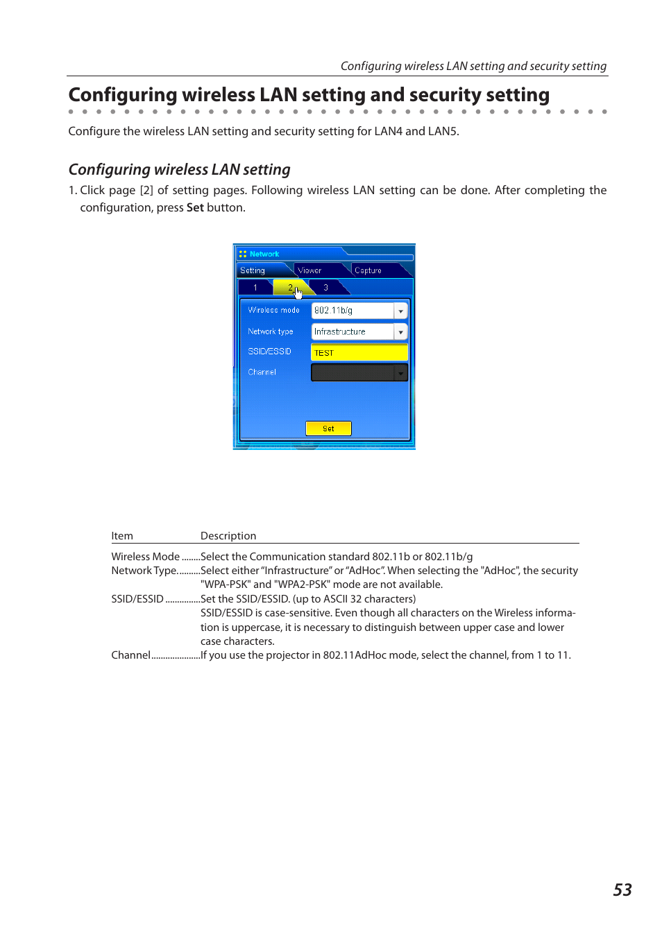 Configuring wireless lan setting | Eiki QXXAVC922---P User Manual | Page 53 / 144